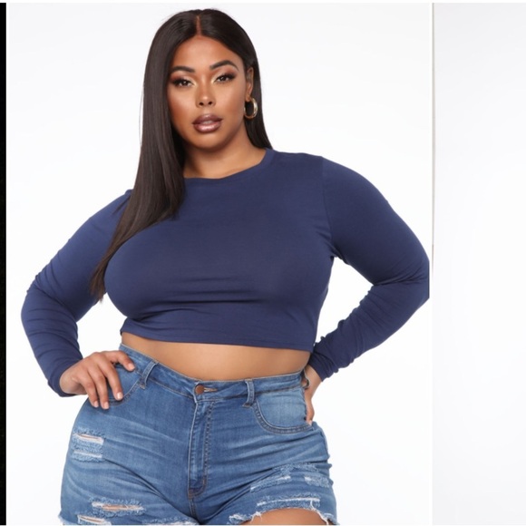 3X Navy long sleeve crop top soft lightweight tee shirt material. - Picture 1 of 11